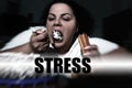 Depressed overweight woman eating sweets and word STRESS Royalty Free Stock Photo