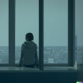 Depressed person watching city from a big window .Generative AI