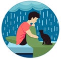 Depressed sad boy sitting on the bed. Unhappy young man with a cat. Boy in bad mood dark raining cloud above his head Royalty Free Stock Photo