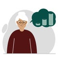 Depressed sad grandmother thinks about financial problems and debt. Grandma needs money. Vector of loss, financial ruin Royalty Free Stock Photo