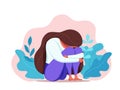 Depressed sad lonely woman in anxiety, sorrow vector cartoon illustration.