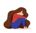 Depressed sad lonely woman in anxiety, sorrow vector cartoon illustration.