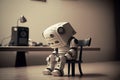 depressed sad robot sitting on table in room