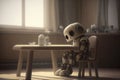 depressed sad robot sitting on table in room