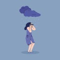 Depressed sad young woman stands in rain from dark clouds a vector illustration.