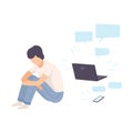 Depressed Teen Boy Sitting on Floor with Laptop Surrounded By Message Bubbles, Cyber Bullying Vector Illustration