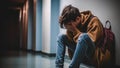 A depressed teenage boy sitting in school corridor and crying. Generative AI