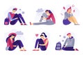 Depressed teenagers. Sadness student, unhappy stressed teen sad boy and crying girl. School stress isolated flat vector Royalty Free Stock Photo