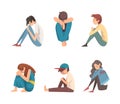 Depressed teenagers sitting on floor set. Unhappy stressed teenage boys and girls. Stress, lonely, bullying concept