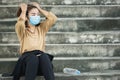 Depressed unemployed Asian business woman wearing protective mask loosing her job caused Coronavirus Covid-19 pandemic ,business