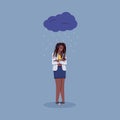 Depressed unhappy woman standing under rain clouds, flat vector illustration.