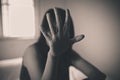 Depressed woman,Hand stop harassment sexual abuse,Black and white toned