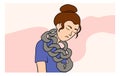 Depressed woman. Heavy chain, closed lock around neck. Vector flat illustration