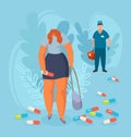 Depressed woman with pill after visiting doctor vector illustration. Improper treatment, medication does not help girl.