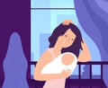 Depressed woman and newborn. Sleepy tired young mom holding crying baby at crib, female in anxiety mood. Motherhood