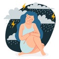 Depressed woman. Sad lonely girl sitting and hugging her knees under rain clouds and storm. Female in depression or