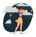 Depressed woman. Sad lonely girl walking under stormy rain with clouds and lightning. Female character feeling anxiety