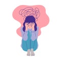 depressed woman sitting face palm pose flat linear illustration