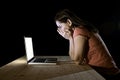 Depressed worker or student woman working with computer alone late night in stress Royalty Free Stock Photo