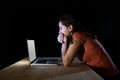 Depressed worker or student woman working with computer alone late night in stress Royalty Free Stock Photo