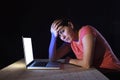 Depressed worker or student woman working with computer alone late night in stress Royalty Free Stock Photo