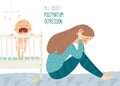 Depressed young woman with cute baby. Postpartum depression. Postnatal depression. Royalty Free Stock Photo