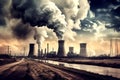 Depressing Dystopian Image of Smoking Chimneys and Cooling Towers of a Coal Power Plant, Concept of Climate Change