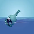 Depression or alcoholism concept. Businessman trapped in bottle floating in the sea