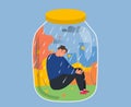 Depression apathy sadness loneliness man sitting in the autumn park in glass jar vector Royalty Free Stock Photo