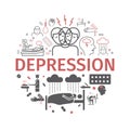 Depression banner. Infographic Symptoms, Treatment. Line icons set. Vector illustration