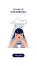 Depression banner. Sad unhappy teenage girl is melancholy, in despair, sorrows about sad event. Mental disorder