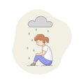 Depression Concept. Female Character Suffering From Depression. Sad Woman Sitting Under The Rain. Overcast Weather