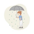 Depression Concept. Female Character Suffers From Depression. Sad Woman Standing With Umbrella Under The Rain. Overcast