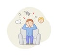 Depression Concept. Male Character Suffers From Depression. Puzzled Man Sitting In Armchair With Lots Of Thought In Head