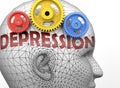 Depression and human mind - pictured as word Depression inside a head to symbolize relation between Depression and the human