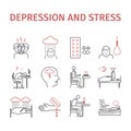 Depression infographic Symptoms, Treatment. Line icons set. Vector signs for web graphics. Royalty Free Stock Photo