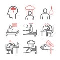 Depression infographics. Symptoms, Treatment. Line icons set. Vector signs for web graphics. Royalty Free Stock Photo