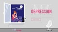 Depression landing page template illustration. Girl with sad face expression sitting on window sill with cat homepage Royalty Free Stock Photo