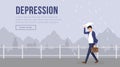 Depression landing page template vector illustration. Businessman character in bad mood walking while raining . Gloomy