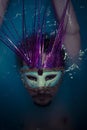 Depression, man in blue tub full of water, sadness concept Royalty Free Stock Photo