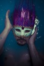 Depression, man in blue tub full of water, sadness concept Royalty Free Stock Photo