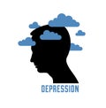 Depression mental health and high anxiety vector conceptual illustration or logo visualized by man face profile and dark clouds