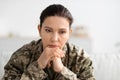 Depression In Military. Closeup Shot Of Thoughtful Female Soldier In Uniform
