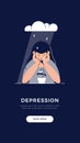 Depression, sadness, mental illness banner. Upset woman is melancholy, in despair, sorrow about sad event. Mental