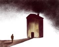 Depression and the search for mental health. Surreal illustration. Silhouette of a man on the road to a gloomy building