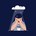 Depression vector illustration. Sad unhappy teenage girl is melancholy, in despair, sorrow about sad event. Mental