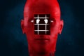 Depression, white hands behind bars in a red head symbolize problems, pessimism, loneliness. Unhappy, sad person. Modern design,