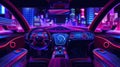 In-depth view of the cockpit inside with dashboard modern. Street neon light in futuristic downtown architecture. Empty