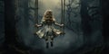 In the depths of a dark and ominous forest, a little girl fearlessly swings back and forth on a creaking swing, finding