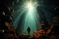 In the depths of a mesmerizing cavern, a diver explores courageously